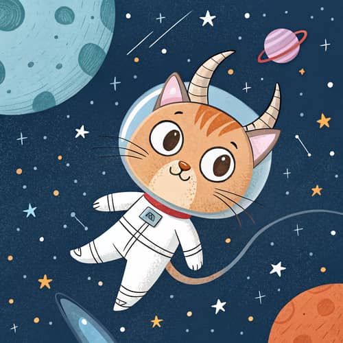 Horned Cat in Space - Unique Fantasy Art