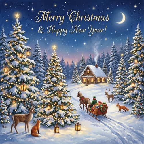 Joyful Christmas Card Design with Pine Trees Joyful Christmas Card Design with Pine Trees