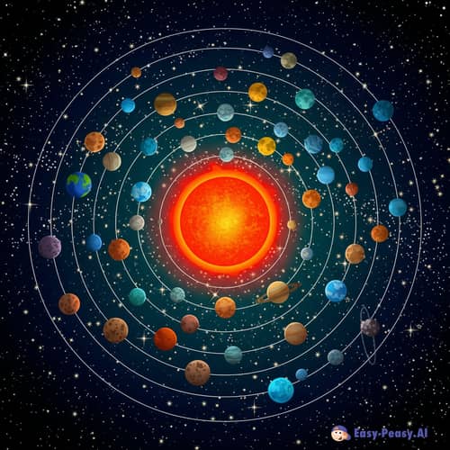 Vast Solar System with Red Sun and 50 Planets