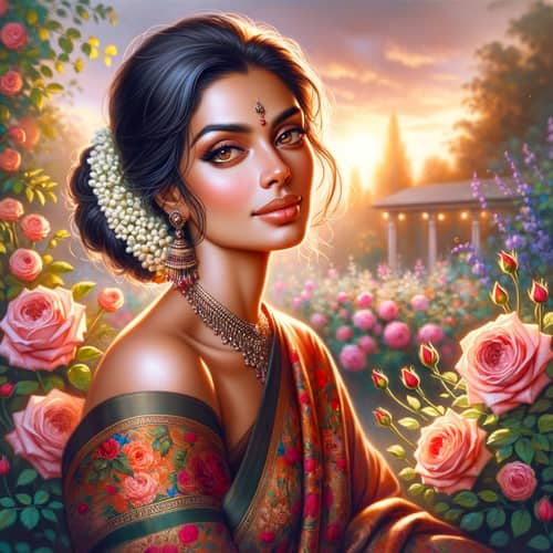 Elegant South Asian Woman in Traditional Saree | Tranquil Garden Scene