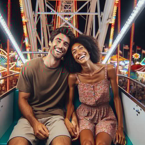 Diverse Couple Enjoying Ferris Wheel Ride at Amusement Park