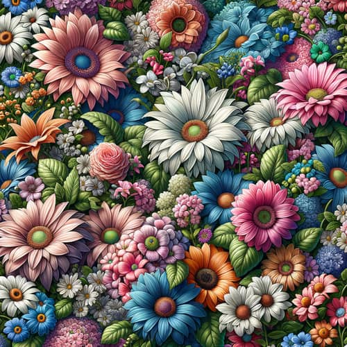 Detailed Floral Background | Vibrant Flowers in Pink, Blue, Green