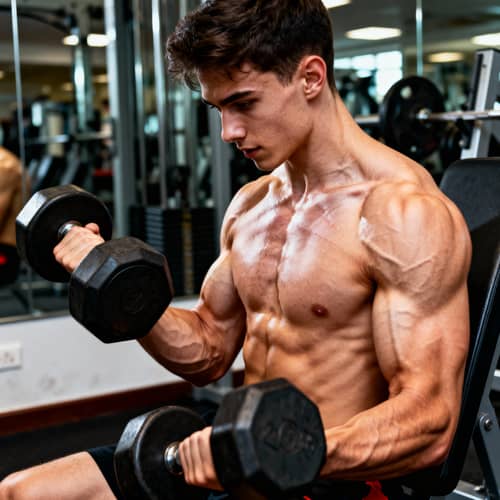 Shirtless Young Bodybuilder Lifting Dumbbells in Gym