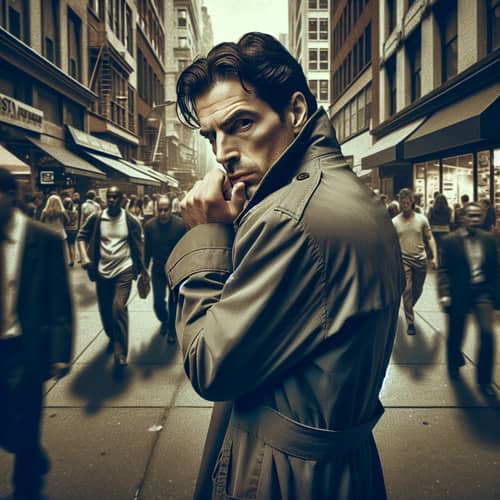 Man Under Constant Surveillance in a Busy Cityscape