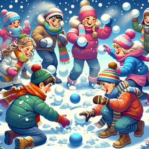 Vibrant Winter Scene: Joyous Snowball Fight with Diverse Children