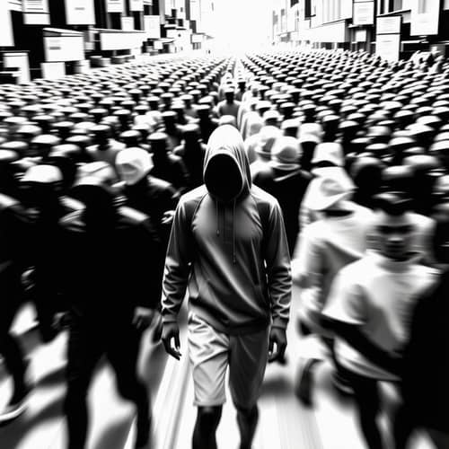 Mysterious Figure in Hood Surrounded by Blurry Crowd