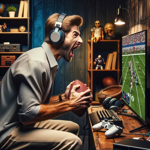 Enthusiastic Caucasian Gaming Influencer Playing NFL Game on PlayStation Console