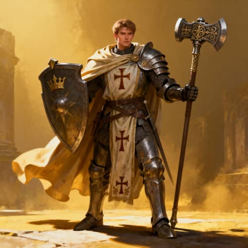 Human Paladin with Shield & Warhammer in Cloak