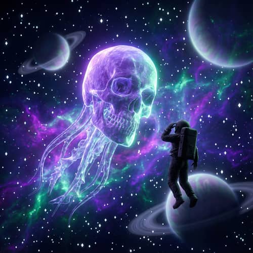 Surreal Space Scene: Bioluminescent Octoskull & Astronaut