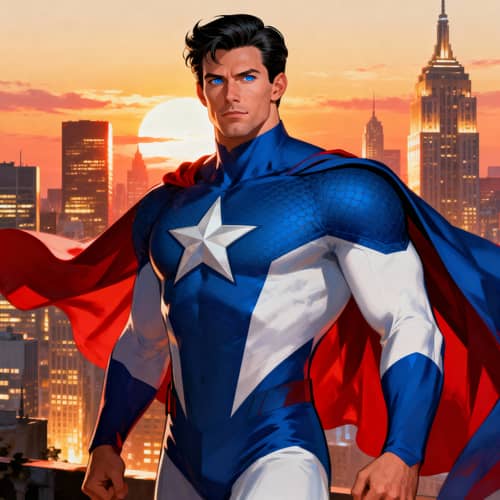 Powerful Superhero in Modern City at Sunset Powerful Superhero in Modern City at Sunset