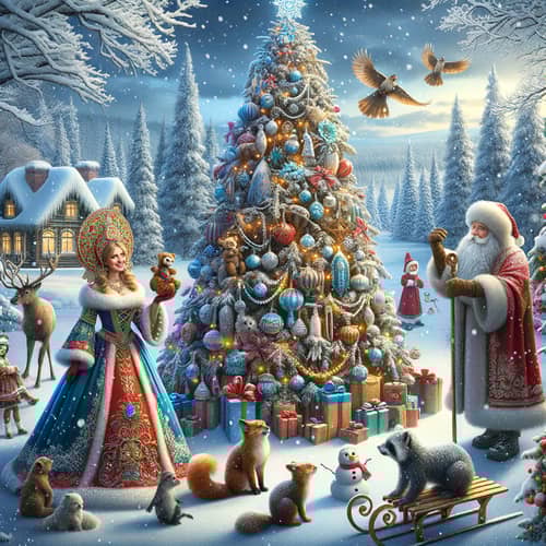 Festive Christmas Tree in Snowy Landscape with Snow Maiden and Father Frost