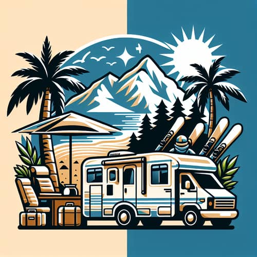 Elegant Travel Logo with Palm Tree, Mountain & Luxurious Motorhome