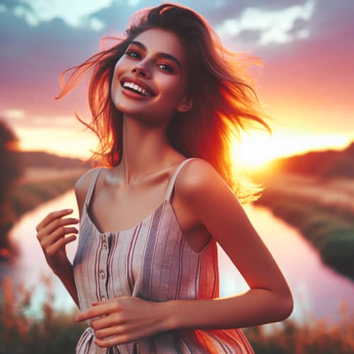 Radiant Woman in Sunset Landscape | Tranquil River Scene