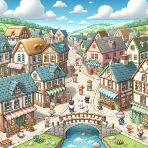 Charming Small Town Cartoon | Quaint Buildings & Cobblestone Streets