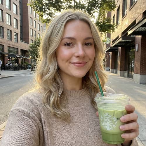 Chic Selfie with Iced Matcha Latte in Cityscape Chic Selfie with Iced Matcha Latte in Cityscape