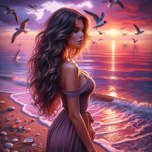 Beautiful Brunette Woman at Sunset Beach