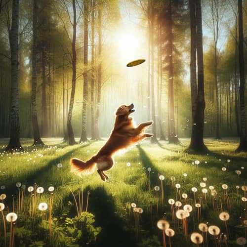 Tranquil Meadow Scene with Energetic Golden Retriever Playing