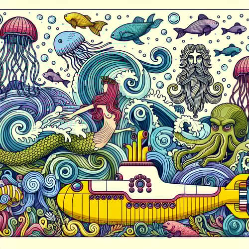 Whimsical Underwater Scene with Mermaids, Neptune, and Submarines