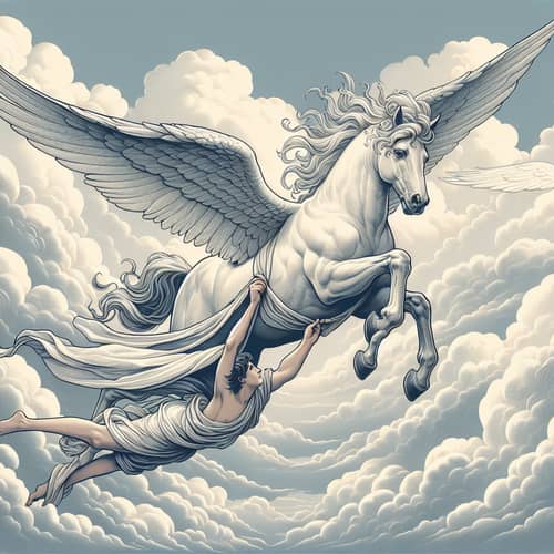 Majestic Pegasus Rescuing Woman in Draped Dress | Ethereal Scene