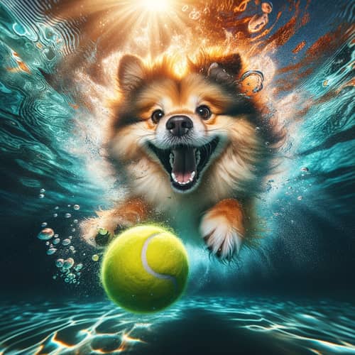 Cheerful Dog Underwater Chasing Tennis Ball - Vibrant Colors