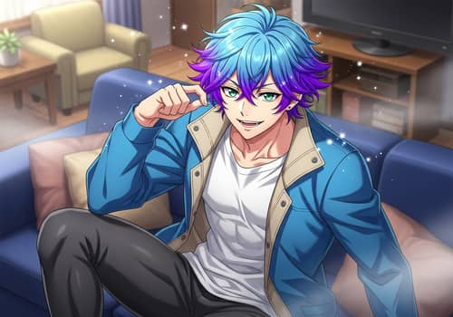 Celestial Anime Character with Blue Hair and Green Eyes