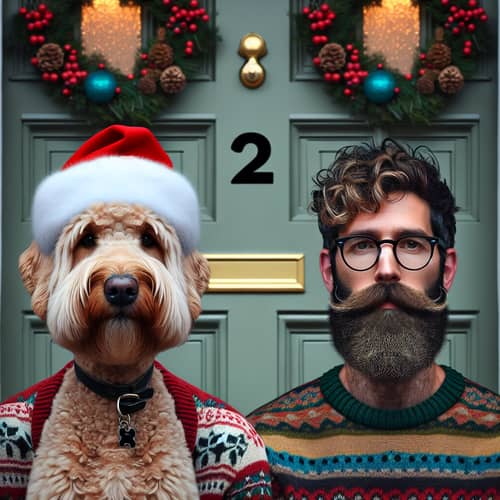 Festive Labradoodle and Two Men at Doorstep | Unique Features