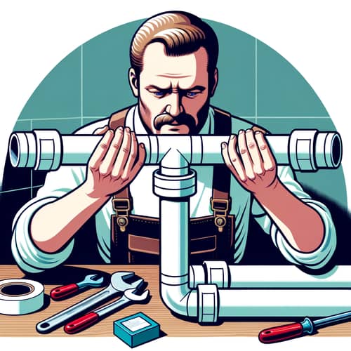 Caucasian Man in Handyman Outfit Fitting PVC Pipes - Workshop Scene
