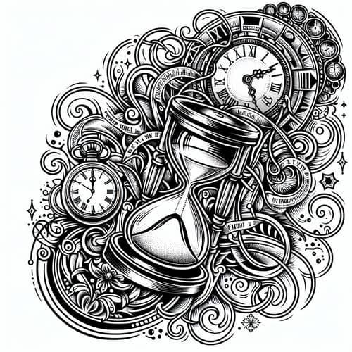 Detailed Time Tattoo Design - Monochrome Hourglass & Clock Hands
