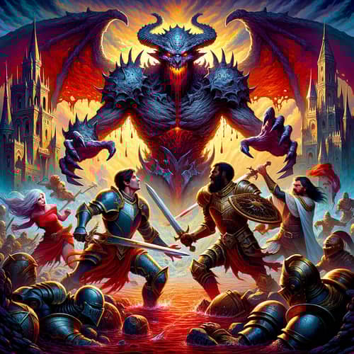 Dark Souls Style Album Cover with Four Heroes Battling Giant Villain