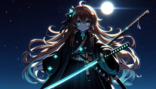 Bronze-Haired Anime Girl with Luminescent Cyan Katana