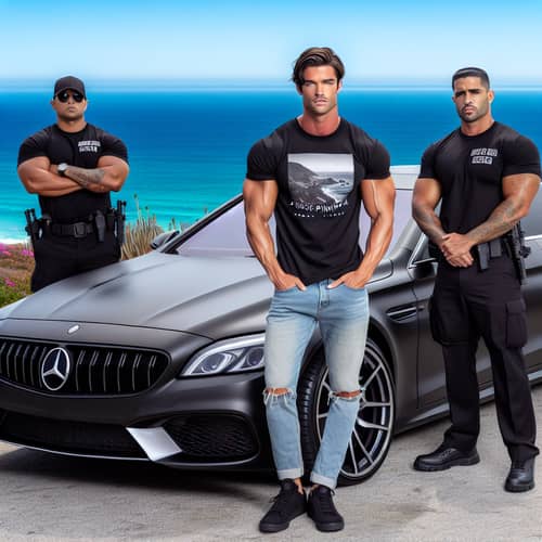 Scenic Ocean View with Luxury Car and Jesse Pinkman Shirt