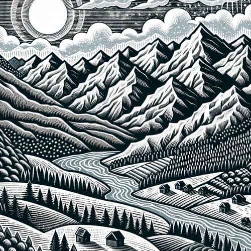 Intricate Landscape Relief Print: Mountains, Rivers, Settlements