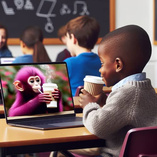 African American Child in Classroom with Playful Purple Monkey on Laptop