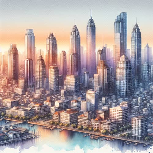 City Skyline Watercolor Painting | Urban Architecture Art