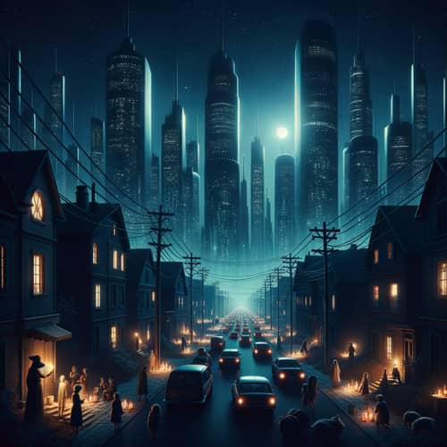 Impact of Global Power Outage: Dark Skyscrapers & Candlelit Streets