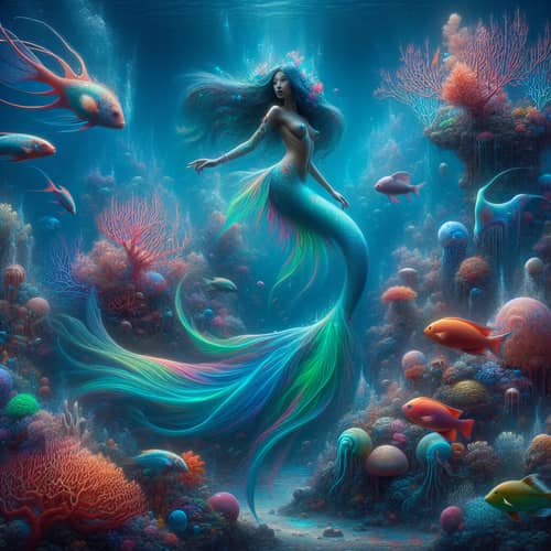 Surreal Underwater Setting with South Asian Mermaid and Colorful Sea Creatures