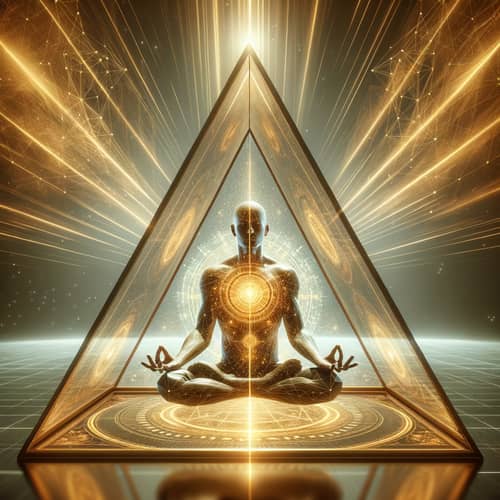 Man in Lotus Position Inside Transparent Gold Pyramid - Meditative Energy