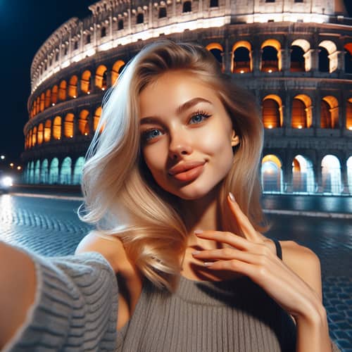 Blonde Girl Selfie at Night Colosseum