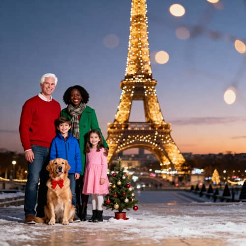 Christmas at the Eiffel Tower with Family and Dog