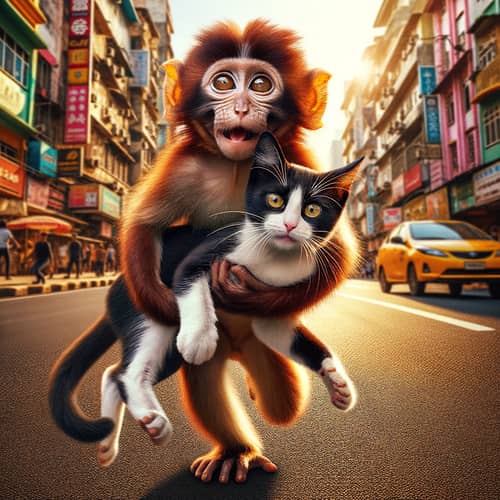 Playful Monkey Takes Black and White Cat Along Busy Urban Street