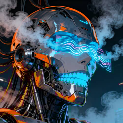 Manga-Style Mecha Head with Cables and Smoke