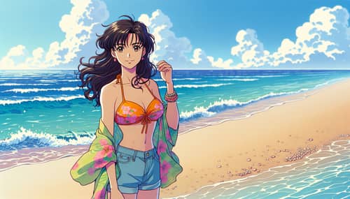 Anime Beach Scene: Confident Woman in Bikini