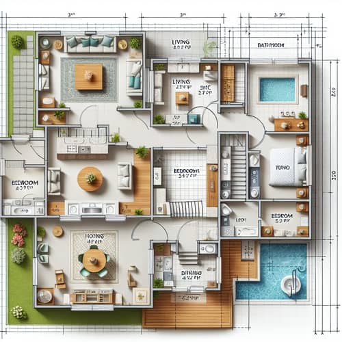 Detailed Floor Plan Design with Kitchen, Living Room, Bedrooms, Bathrooms
