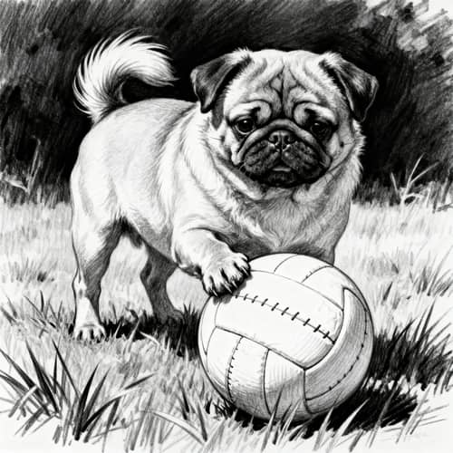 Carlin Dog Playing Volleyball - Black and White Drawing