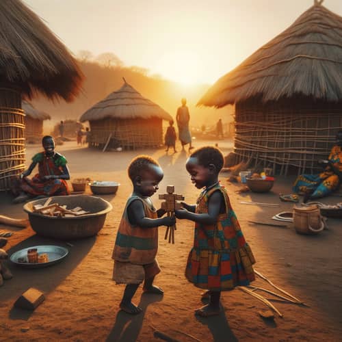 African Children Playing in Traditional Village Setting