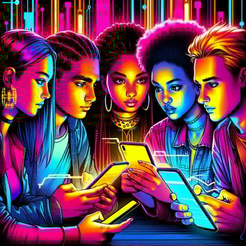 Diverse Group Embracing Social Media: Cyberpunk Artwork