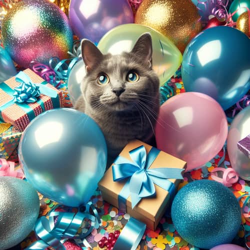 Joyous Blue Russian Cat Surrounded by Celebration Items