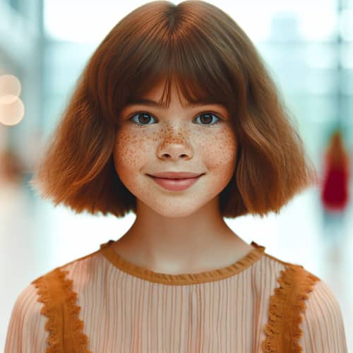 Prepubescent Girl with Tanned Skin, Chestnut Bobbed Hair & Freckles