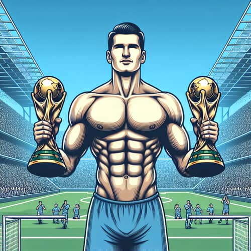 Hispanic Soccer Player Triumphantly Holding Two World Cup Trophies