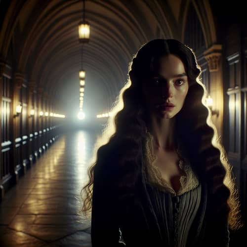 Gothic Film Character in Dimly Lit Corridor | Atmospheric Suspense